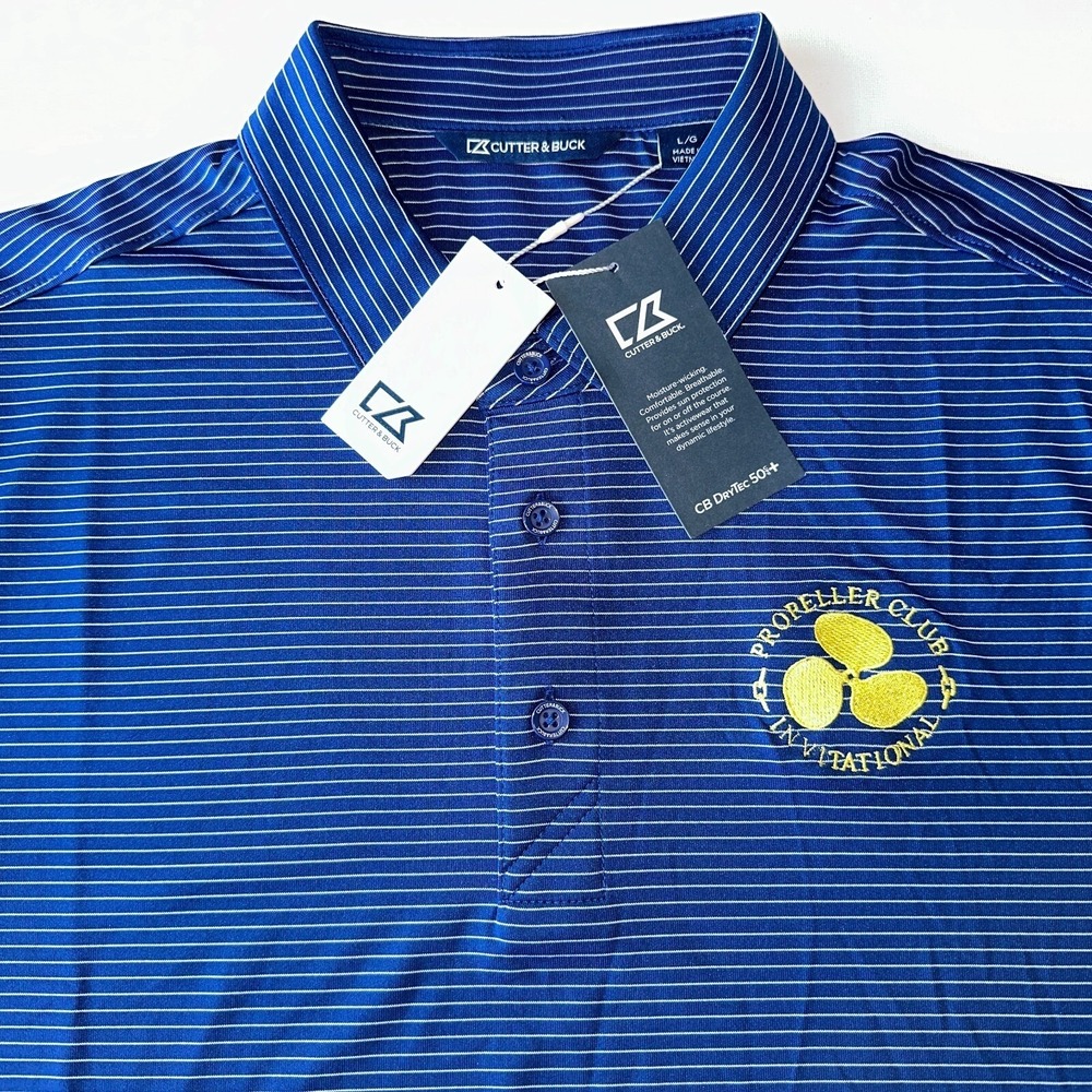 Cutter & Buck Mens Golf Polo L Blue Forge Pencil Stripe DryTech Propeller‎ NEW